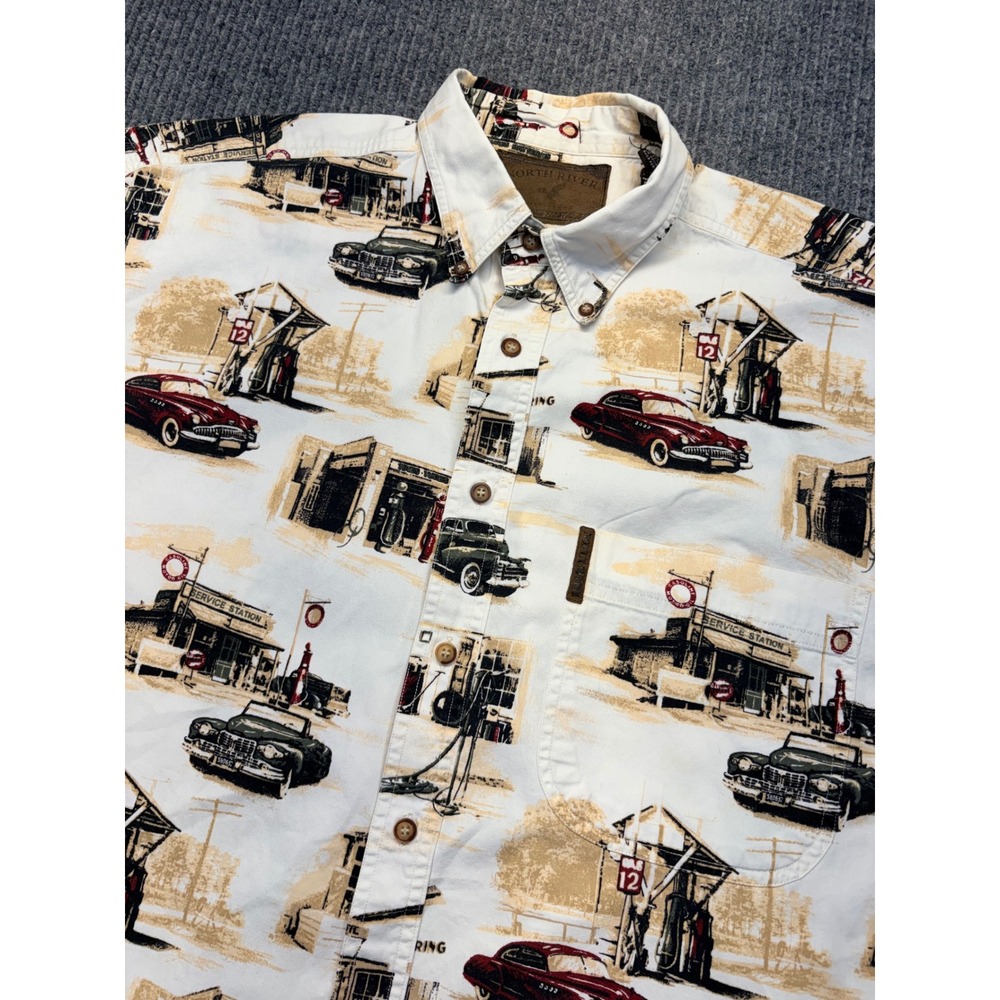 North River Mens Large White Vintage Car Gas Station Print Cotton Button Down